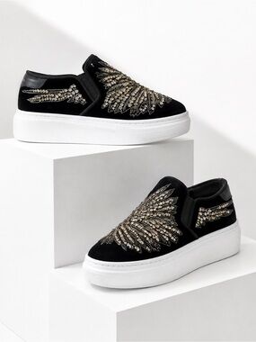 Alexander McQueen - Black Velvet Crystal Embellished Wing Slip-On Sneakers